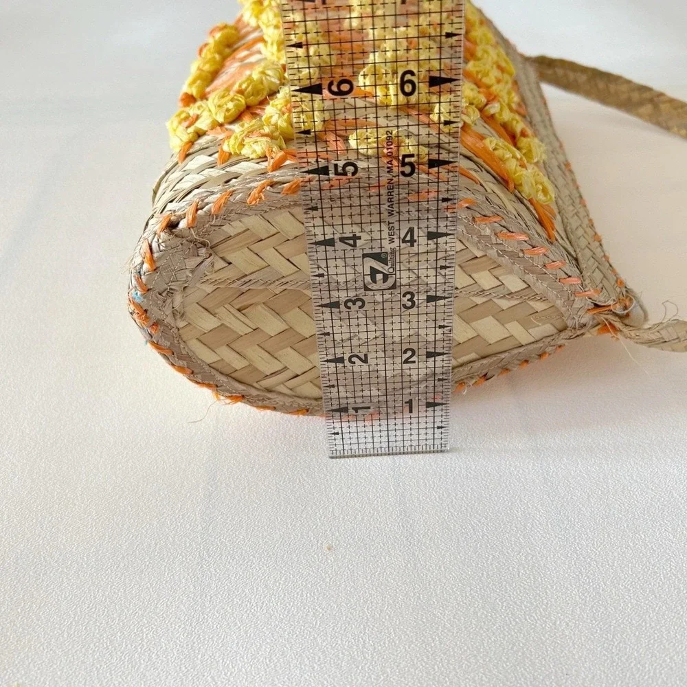 Vtg Woven Straw Handbag‎ Top Handle Orange Yellow Raffia Floral Boho Purse